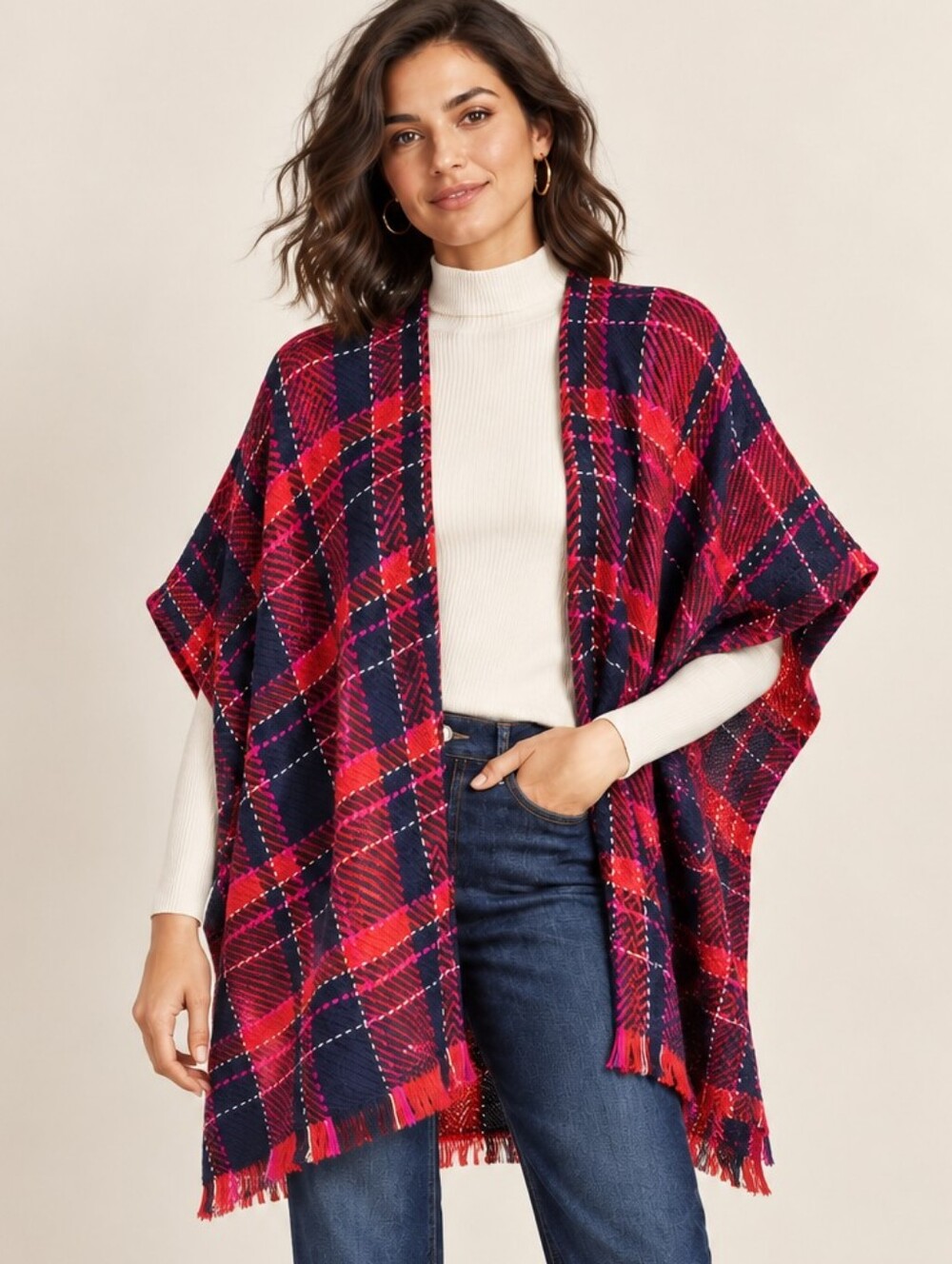 LOFT PLAID FRINGE SHAWL WRAP KIMONO MEDIUM LARGE NAVY RUST PINK ULTRA SOFT COZY